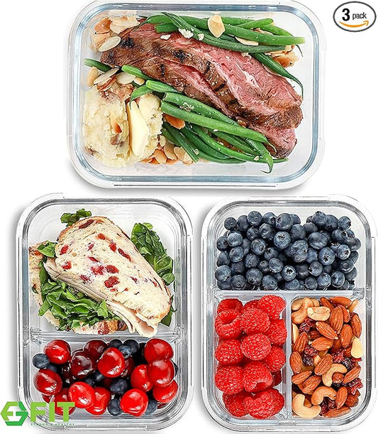 FIT Strong & Healthy Glass Meal Prep Containers with Lids, 1 & 2 & 3 Compartments – Portion Control Containers, Glass Lunch Box, Food Storage, Leak-Proof, Oven & Freezer Safe, 35 oz, Blue, 3 Pack