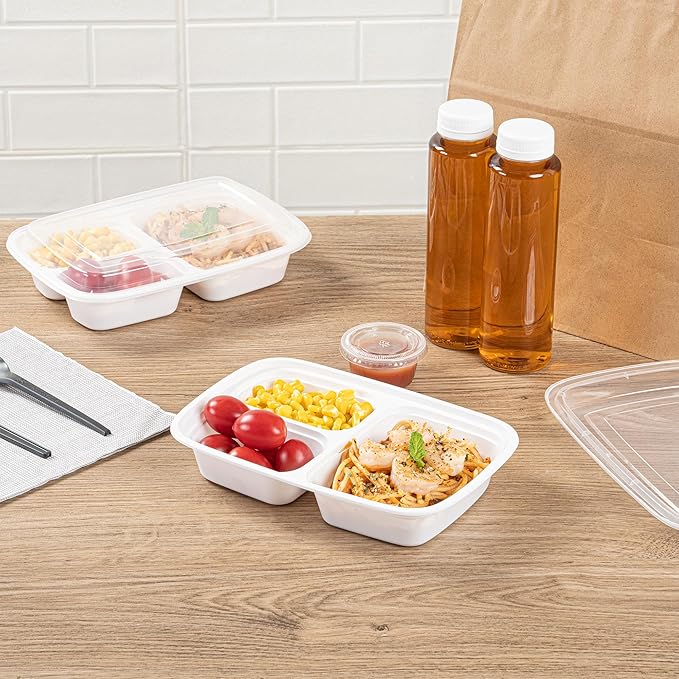 Restaurantware Asporto 26 Ounce Compartment Take Out Boxes, 50 Microwavable Meal Prep Containers - 3 Compartments, With Clear Plastic Lids, White Plastic Food Containers, Do Not Contain BPA