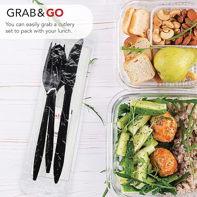 Party Essentials Individually Wrapped Plastic Cutlery Packets/Silverware Kits, Black Fork/Spoon/Knife/Napkin/Salt/Pepper, 100 Sets