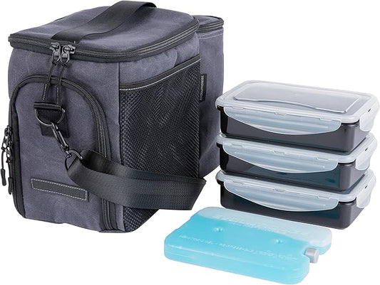 Evolutionize Meal Prep Bag - Full Meal Prep Lunch Box Management System includes Portion Control Meal Prep Containers + Ice Pack (3 Meal Insulated Cooler Bag, Black)