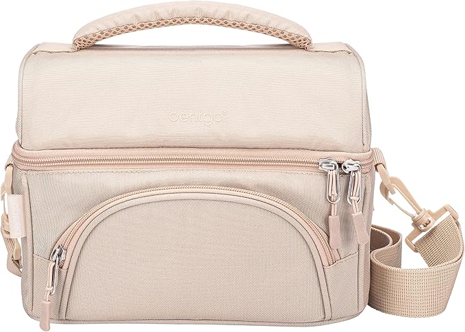 Bentgo Deluxe Lunch Bag - Durable and Insulated Lunch Tote with Zippered Outer Pocket, Internal Mesh Pocket, Padded & Adjustable Straps, & 2-Way Zippers - Fits Most Lunch Boxes (Sand)