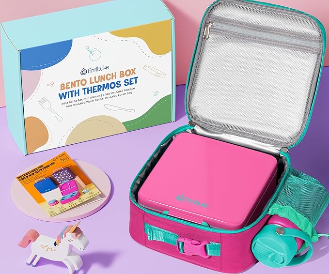 Fimibuke Bento Box for Kids Adult - Leakproof 3-4 Compartments Lunch Bento Box Set with Insulated Thermos Food Jar, Water Bottle, Lunch Bag, Sauce Cup & Cutlery for Toddler Teen Shcool Girl Boy Age 3+