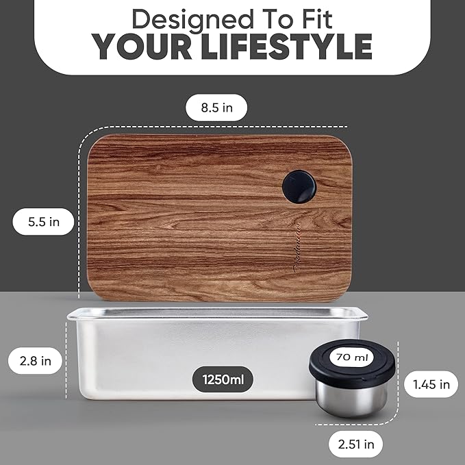 Leak Resistant Stainless Steel Bento Box For Adults|Stainless Steel Lunch Box for Adults |44Oz| BentoBox/Lunchbox| Lunch Container | Microwave Safe (Bottom container) |Bamboo Lid- SIlver