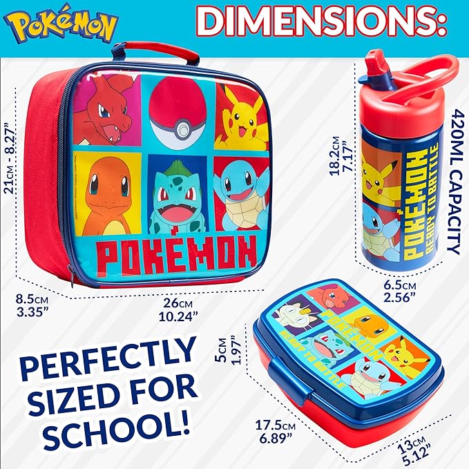 Pokemon Kids Insulated Lunch Bag, Lunch Box and Water Bottle, 3 Piece Set (Red/Blue)