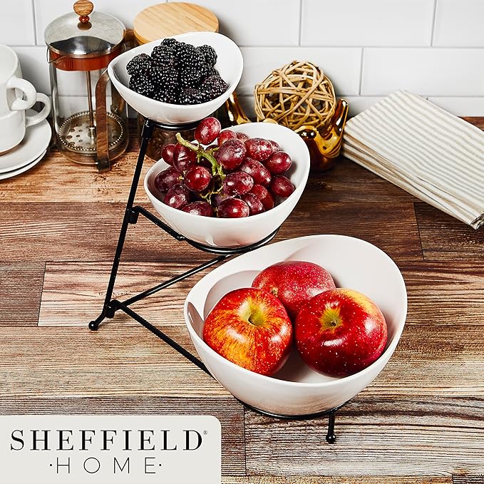 3 Tier Large Serving Bowls Set - Microwave & Dishwasher Safe Stoneware Fruit Bowl with Collapsible Black Metal Stand - Bowls for Kitchen, Dinner Parties, Desserts, Chip and Dip & Side Dishes (White)