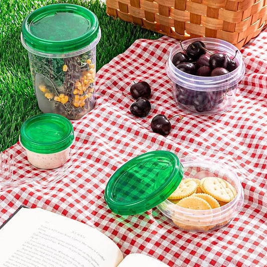 PLASTICPRO 24 Pack Twist Top Containers Assorted Sizes Plastic Food Storage Containers with Green Twist on Lids Stackable Reusable