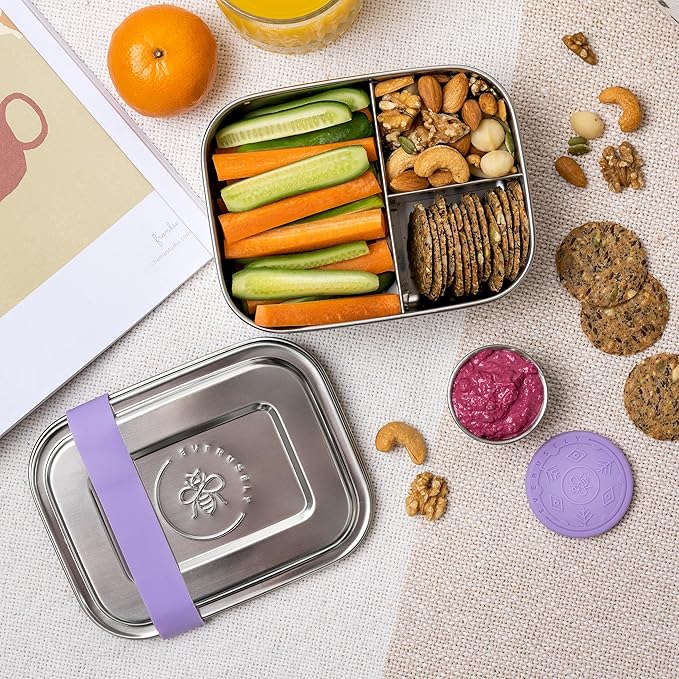 Everusely - Bento Box for Kids - Lavender, 6.5x4.7 / 27oz - Stainless Steel Lunch Box w/Leakproof Condiment Container - 3 Compartment Snack Box for School, Office Meals - Freezer & Dishwasher Safe