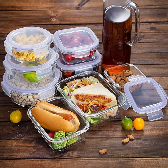 Bayco Glass Storage Containers with Lids, 9 Sets Meal Prep Container Airtight, Glass Food Storage Containers, Container Sets for Food Storage with Lids - (Purple)