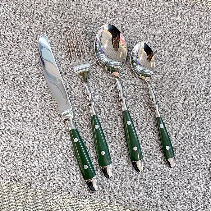 Green Silverware Set for 16 Flatware Sets Classic Two Nail Handle Ergonomic 18/8 Food-Grade Stainless Steel Cutlery SetDishwasher Safe for Family Gatherings Formal Occasions (64-Piece)
