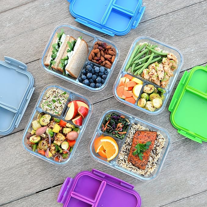 Bentgo Glass Lunch Box - Leak-Proof Bento-Style Food Container with Airtight Lid and Divided 3-Compartment Design - 5 Cup Capacity for Meal Prepping, and Portion-Controlled Meals for Adults (Blue)