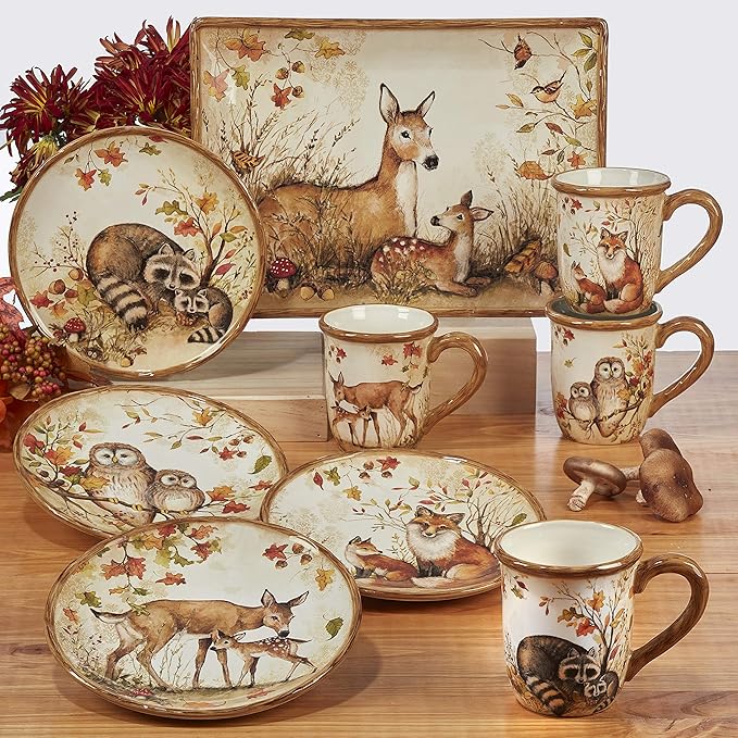 Pine Forest 152 oz. Ceramic Deep Serving Bowl – Large Woodland Forest Themed Bowl with Deer and Autumn Leaves for Mixing, Serving Pasta, Fruit, Holiday Meals, Harvest Sides, or Seasonal Entertaining